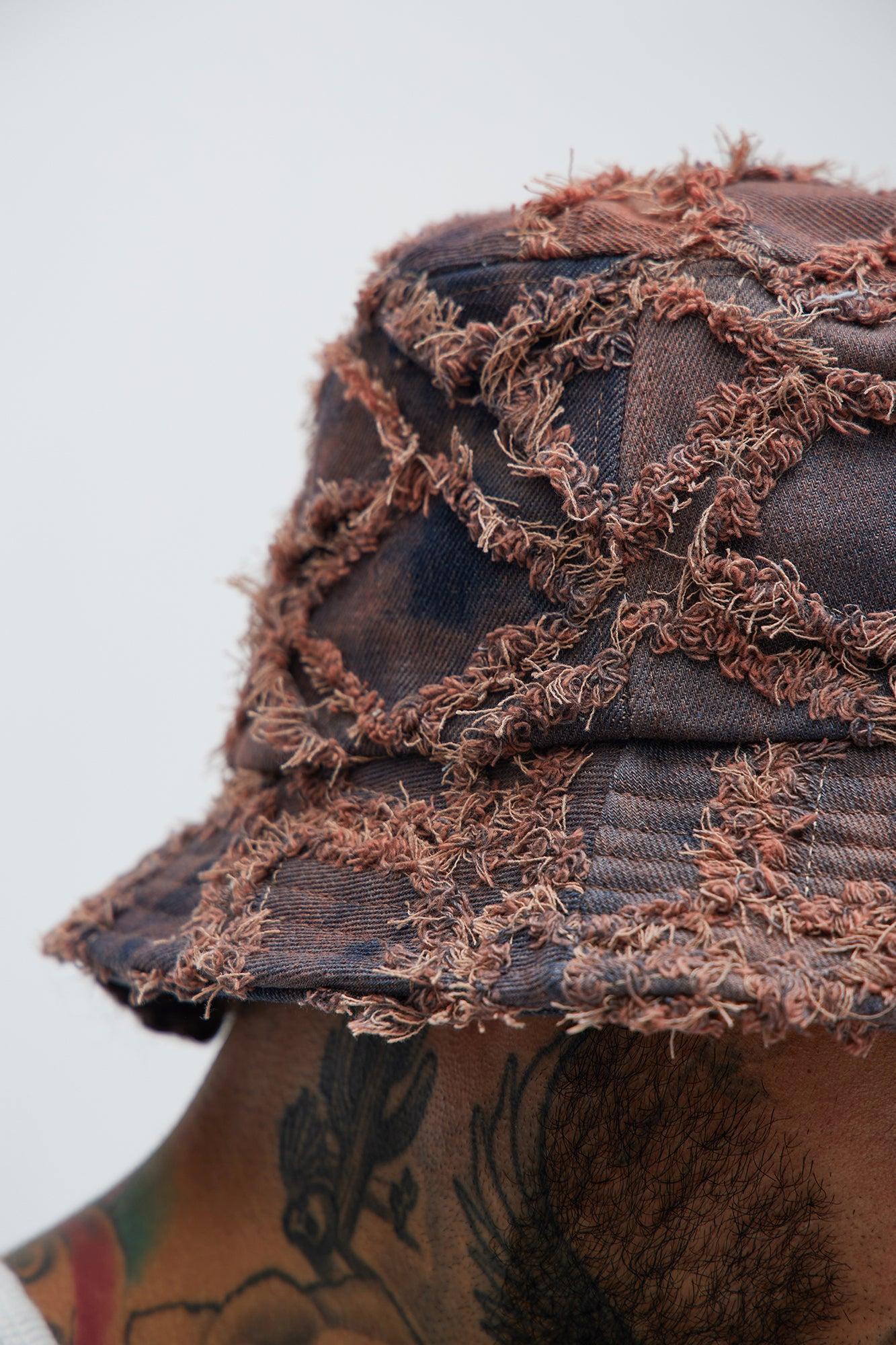 Frayed Denim Bucket Hat - Brown Product Image