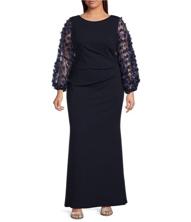 Eliza J Plus Size 3D Floral Applique 3/4 Balloon Sleeve Round Neck Sheath Gown Product Image