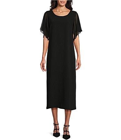 Caroline Rose Georgette Short Flutter Sleeve Matte Crepe Scoop Neck Midi Shift Dress Product Image