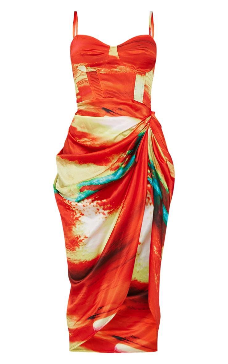 Red Abstract Print Satin Ruched Skirt Corset Detail Midi Dress Product Image