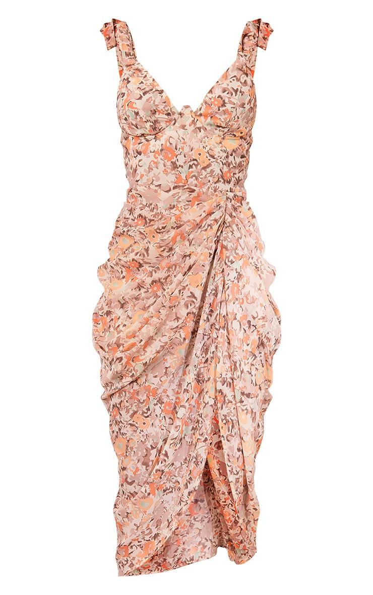 Peach Floral Print Underwire Detail Draped Midi Dress Product Image