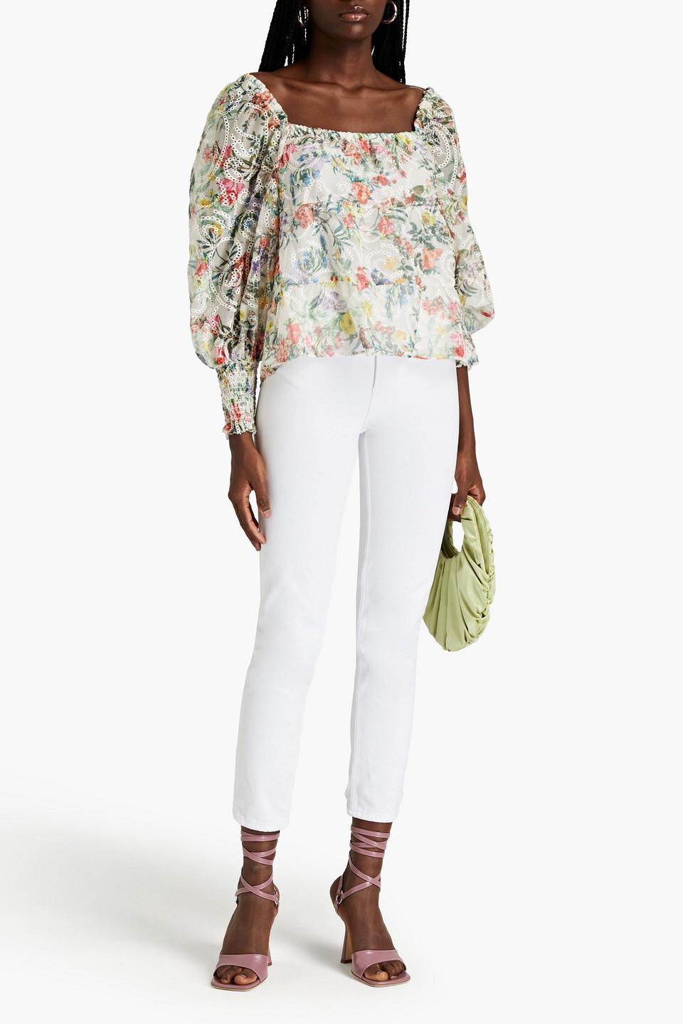 Rowa Floral-print Broderie Anglaise Chiffon Blouse In Off-white Product Image