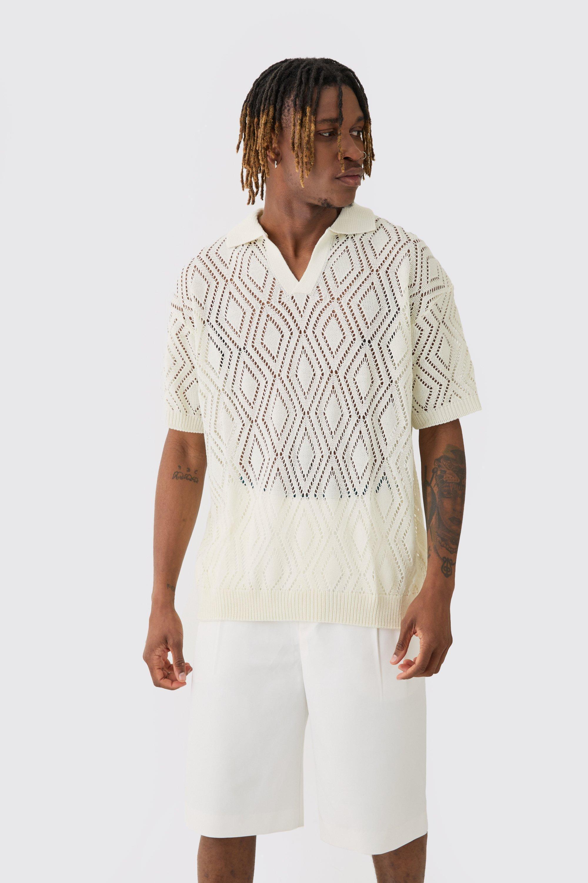 Tall Short Sleeve Boxy Fit Revere Open Knit Polo In Ecru | boohooMAN USA Product Image