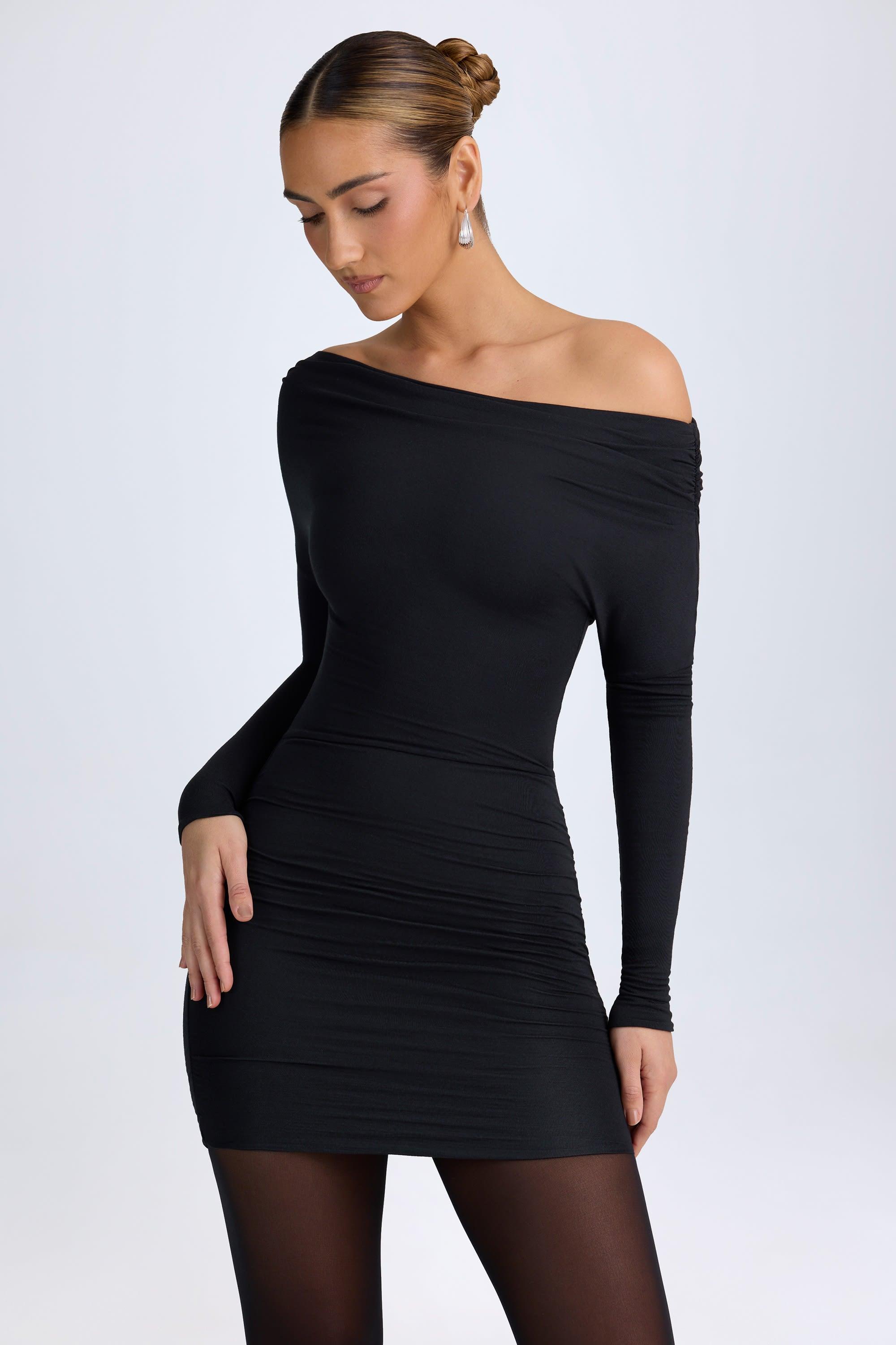 Modal Off-Shoulder Ruched Mini Dress in Black Product Image