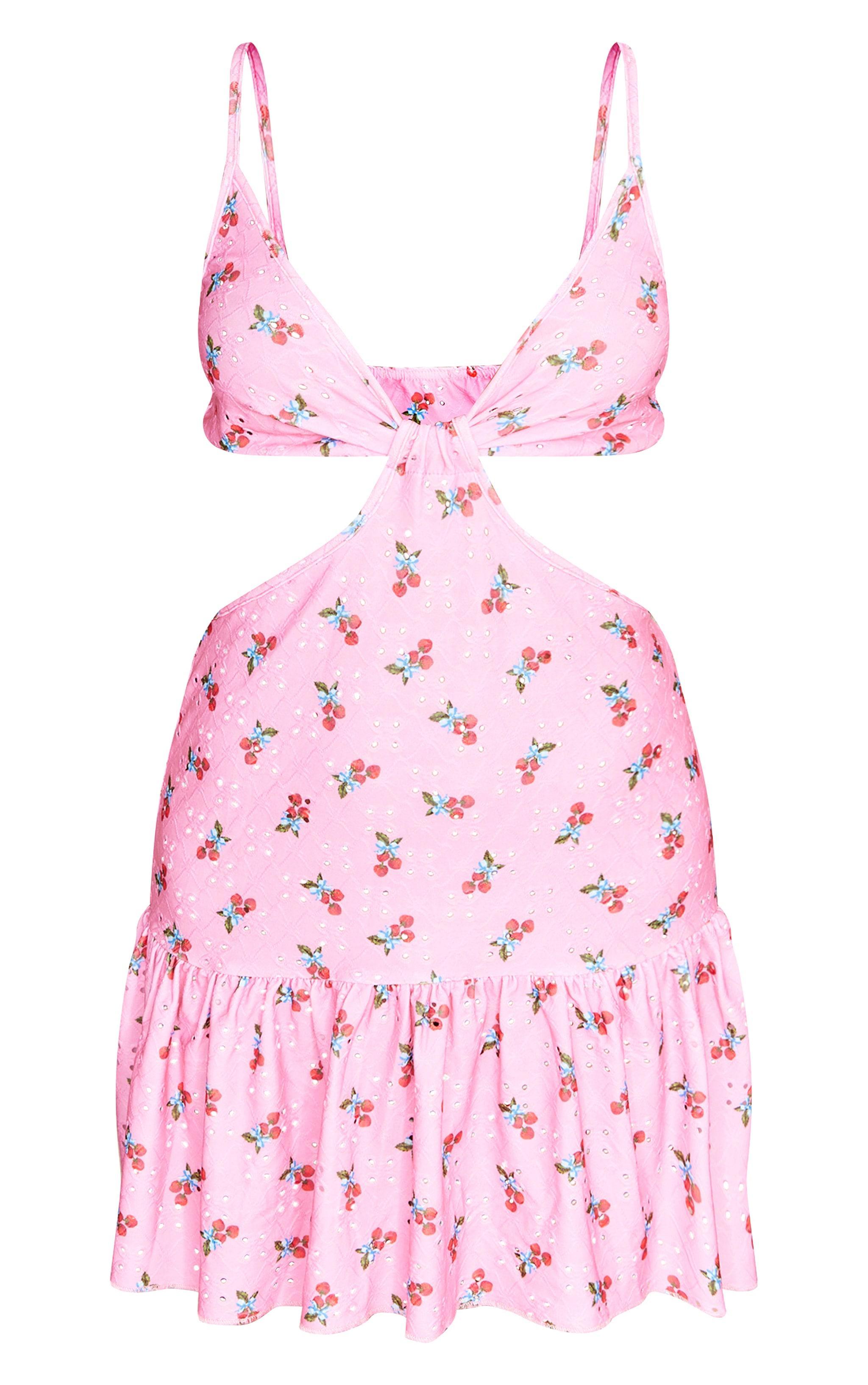 Pink Strawberry Printed Broderie Cut Out Frill Shift Dress Product Image