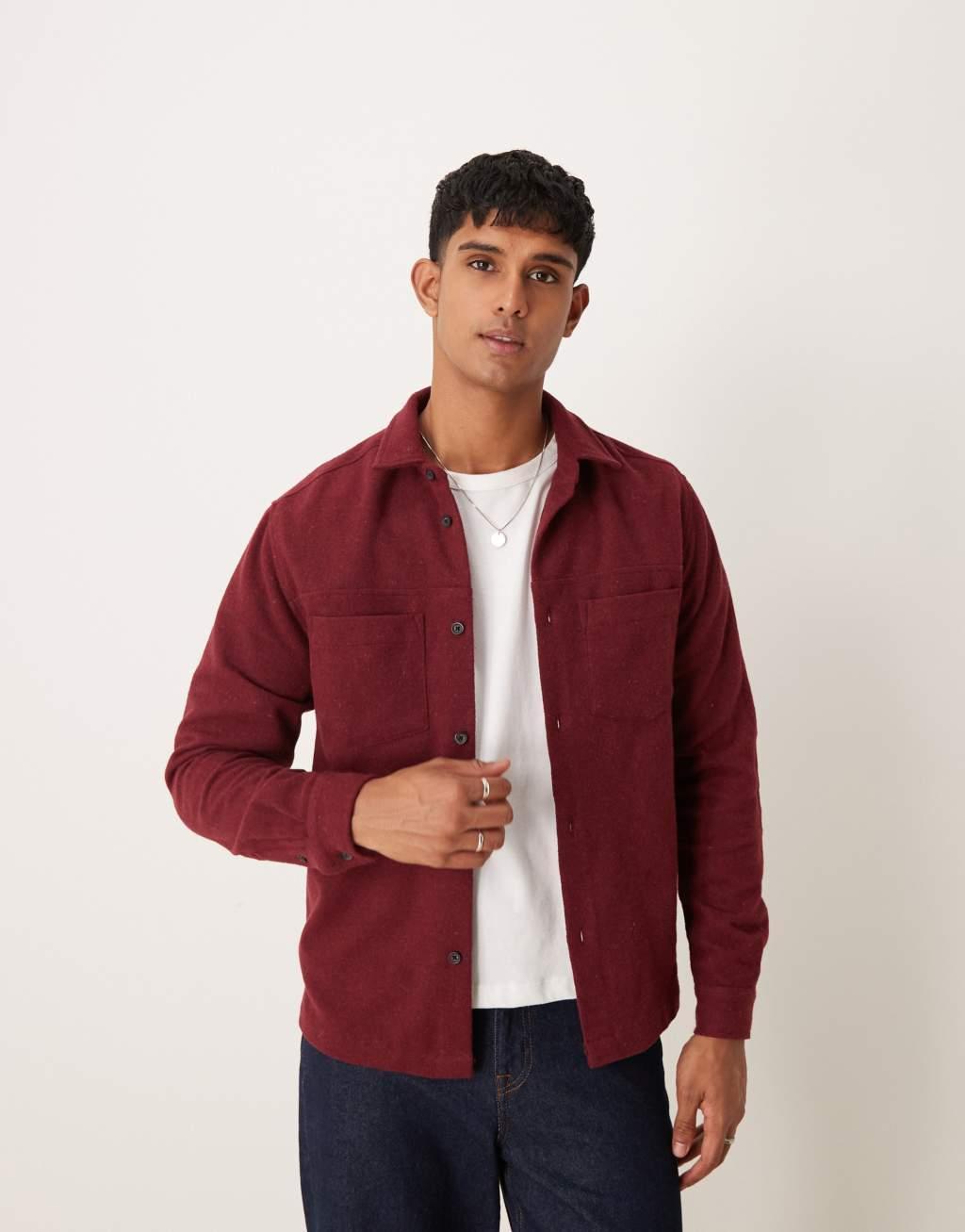 ASOS DESIGN brushed overshirt in burgundy Product Image