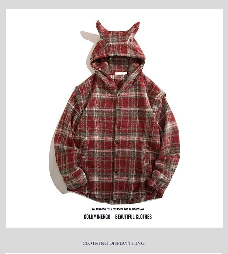 Plaid Hooded Zip-Up Jacket Product Image