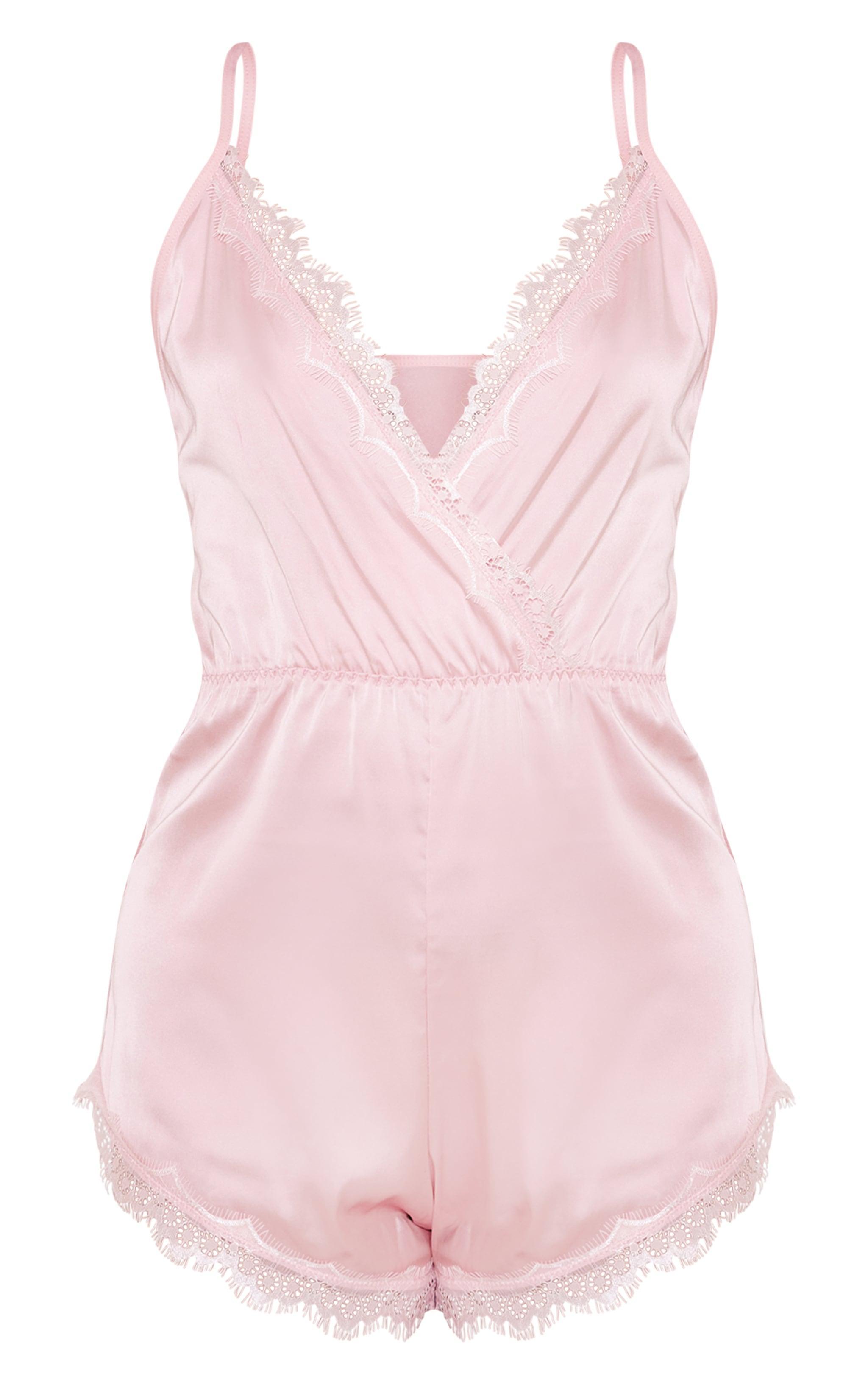 Pink Satin Lace Trim Romper Product Image