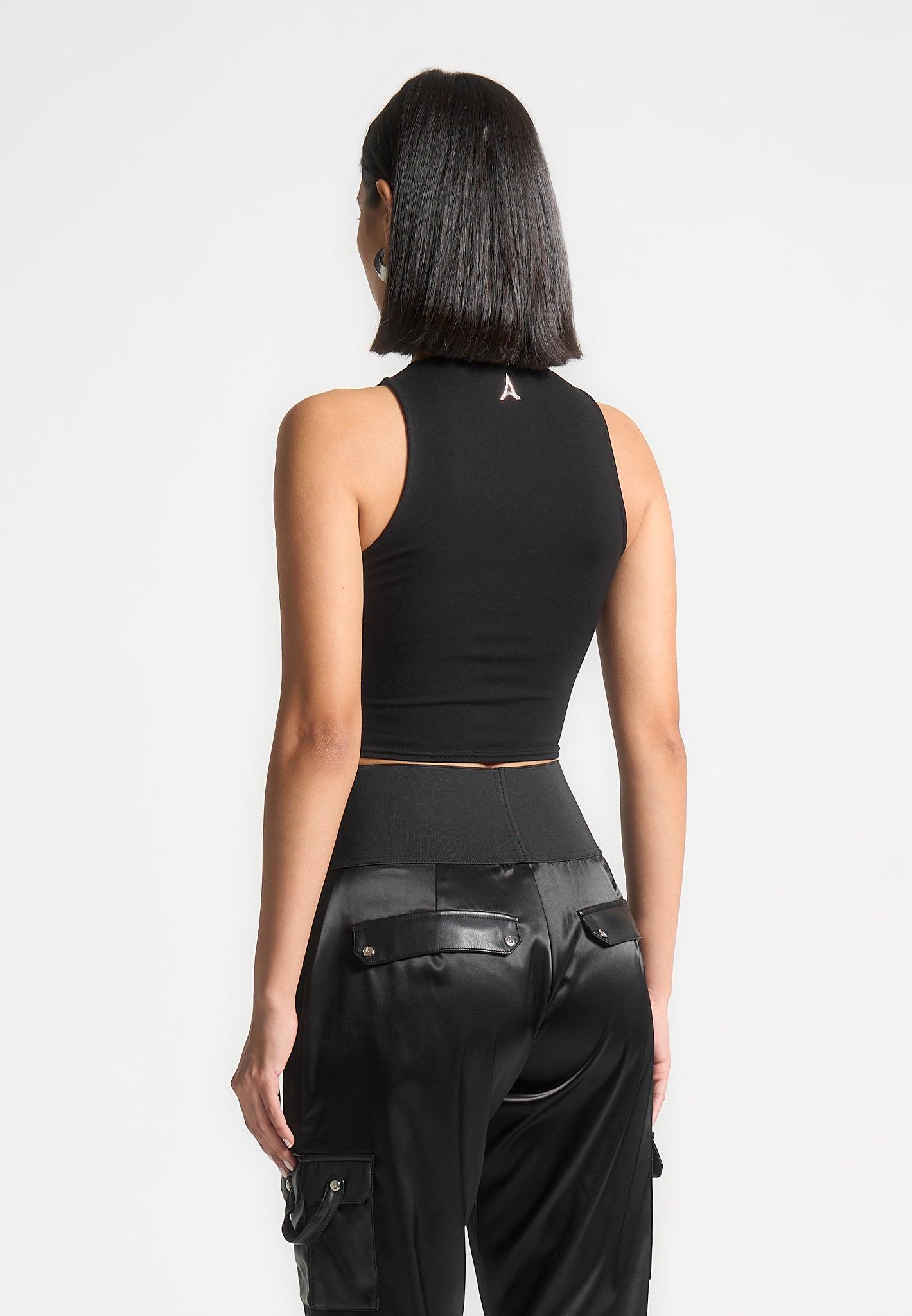 Racer Crop Top with Satin Panels - Black Female Product Image