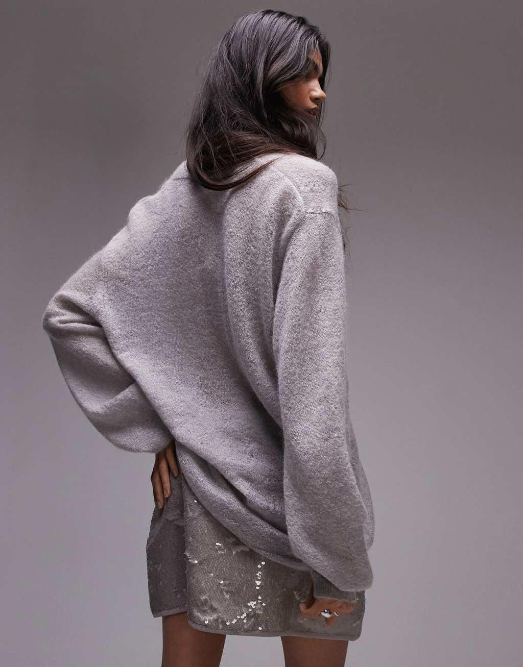 Topshop premium knitted fine gauge mohair v neck relaxed sweater in light gray Product Image