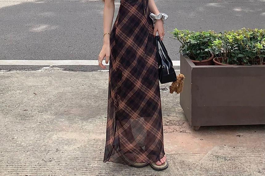 Spaghetti Strap V-Neck Plaid Maxi A-Line Dress Product Image