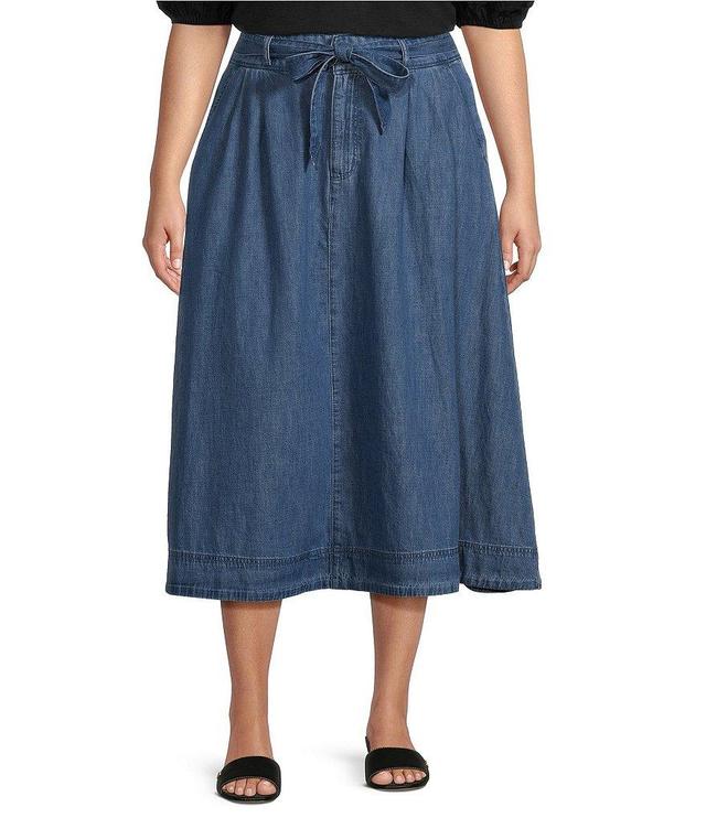 Lauren Ralph Lauren Plus Size Shirlaine Denim A-Line Pleated Belted Skirt Product Image