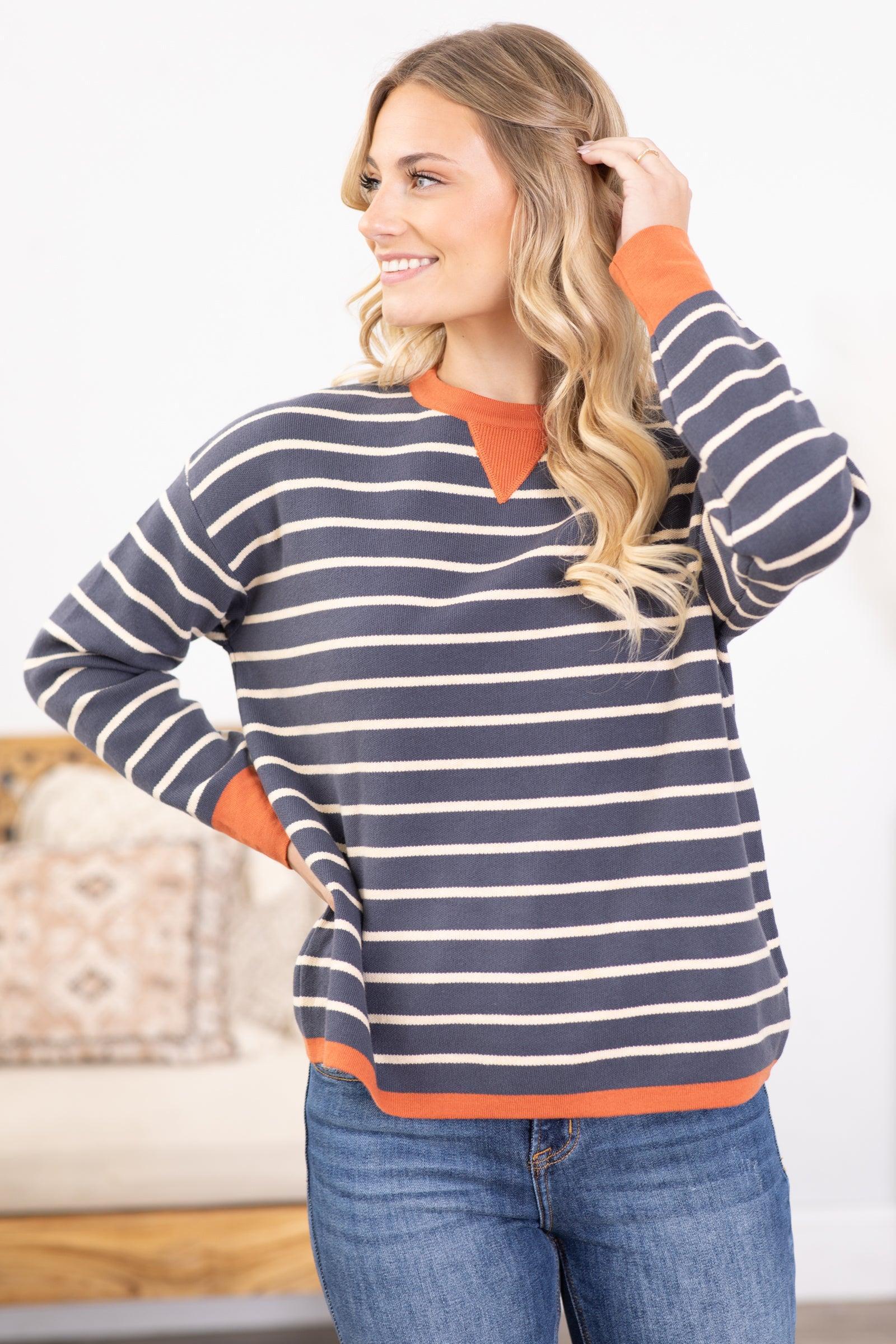 Navy Stripe Contrast Long Sleeve Knit Top Product Image