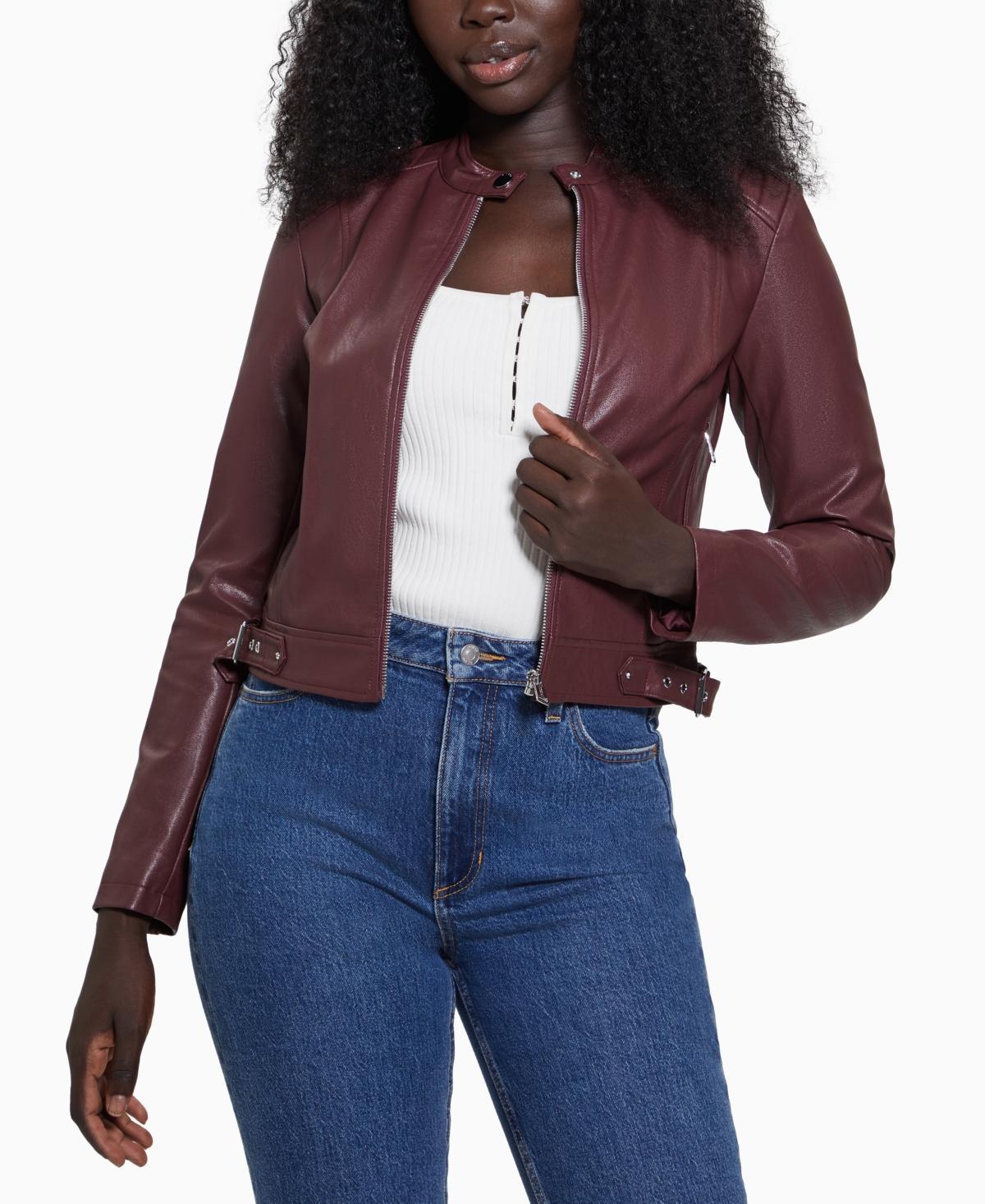 Guess Womens Faux-Leather Moto Jacket with Snap Collar Product Image