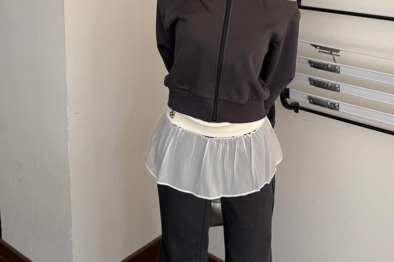 Long-Sleeve Off-The-Shoulder Plain Zip Pullover / Mid Rise Plain Wide Leg Sweatpants Product Image