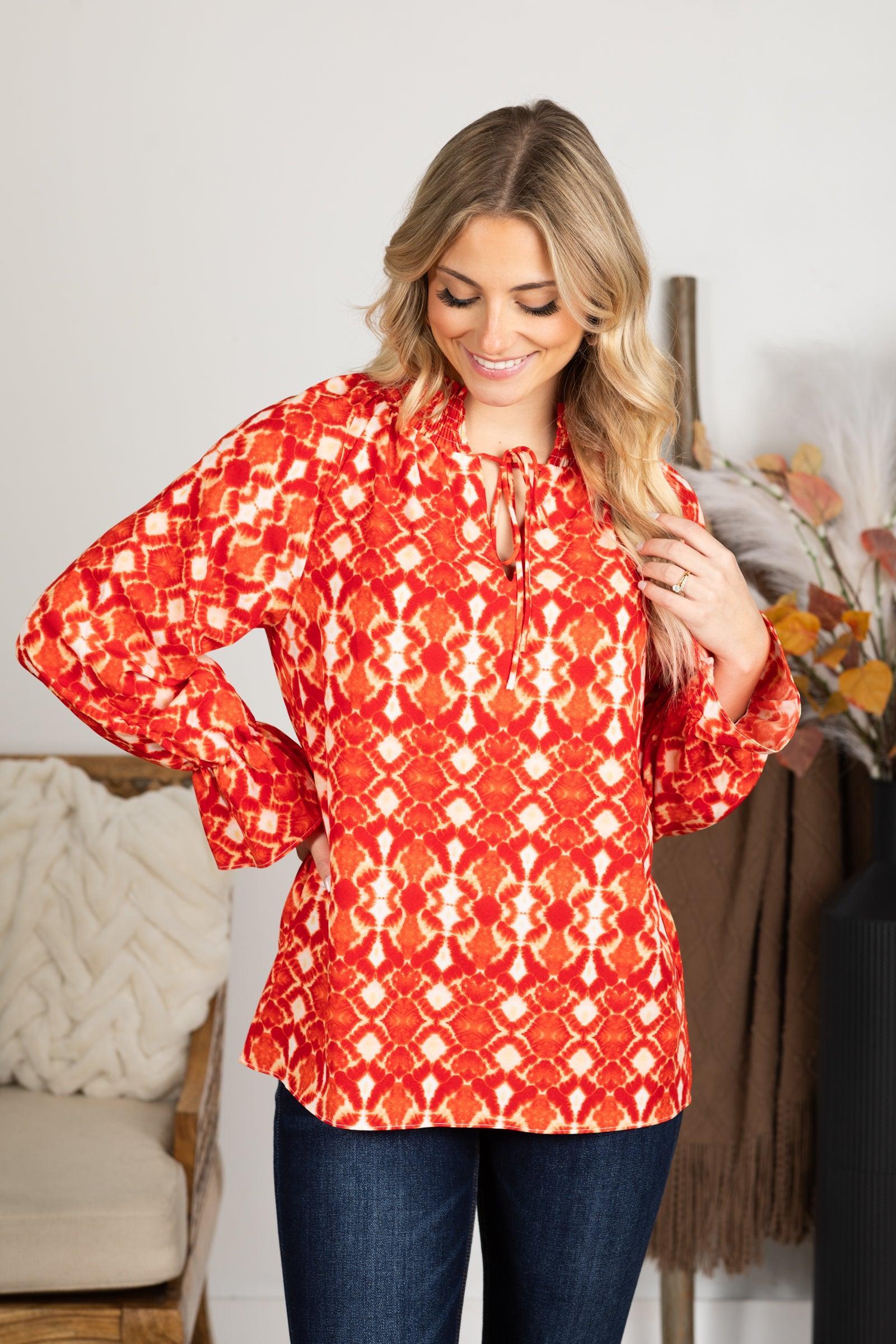 Red and Peach Boho Print Notch Neck Top Product Image