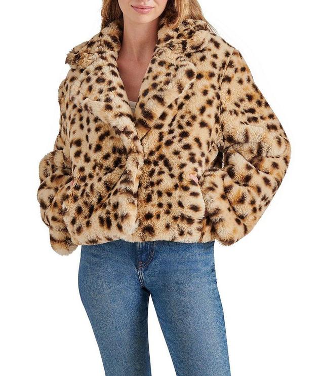 Steve Madden Plush Faux Fur Leopard Print Notch Lapel Neck Long Sleeve Jacket Product Image