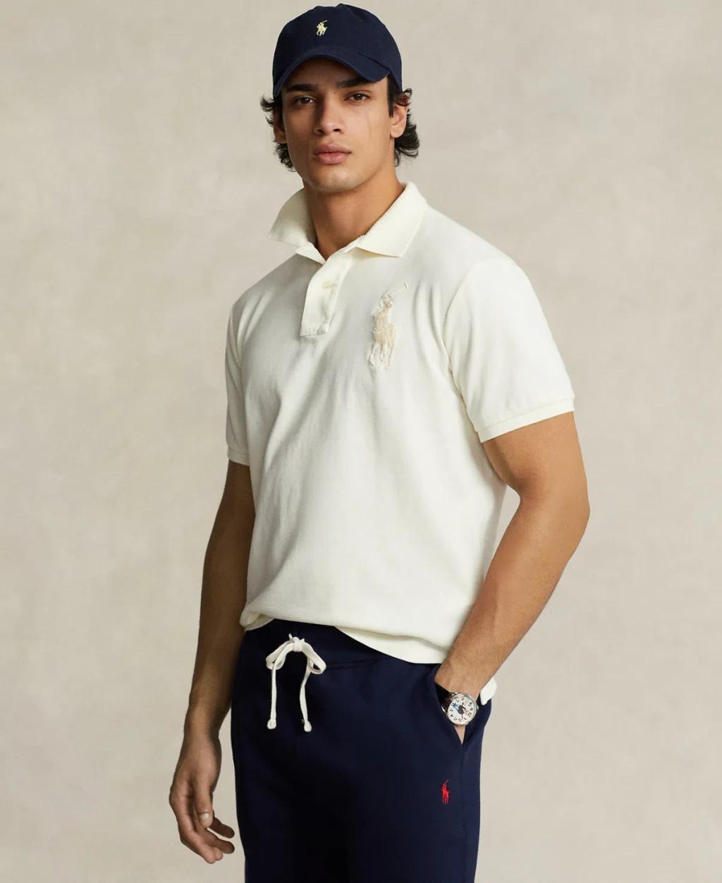 Men's Custom Slim Fit Big Pony Mesh Polo Shirt In Clubhouse Cream Product Image