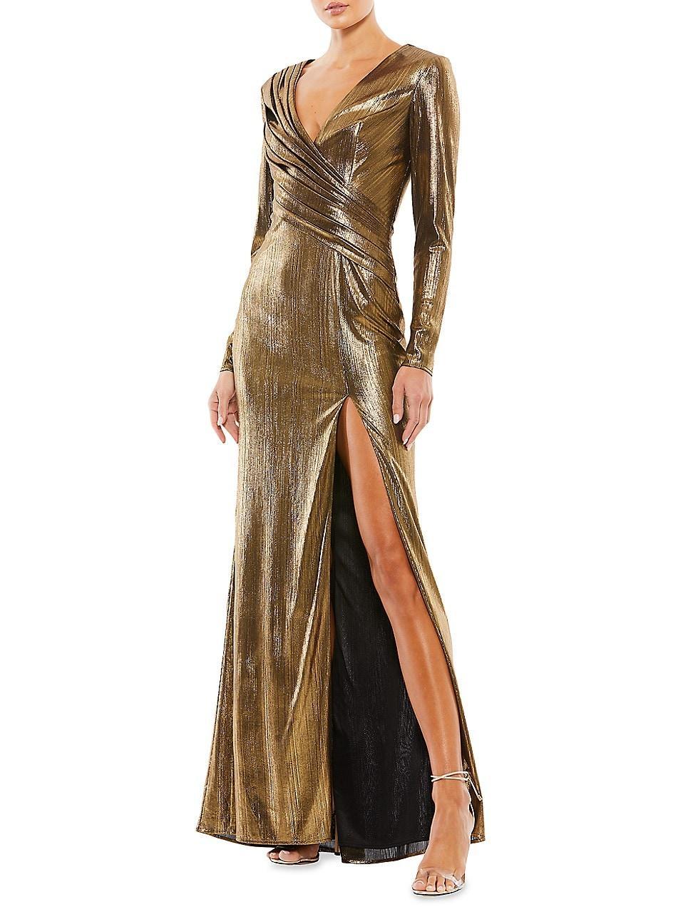 Womens Metallic Long-Sleeve Asymmetrical Ruched Gown Product Image