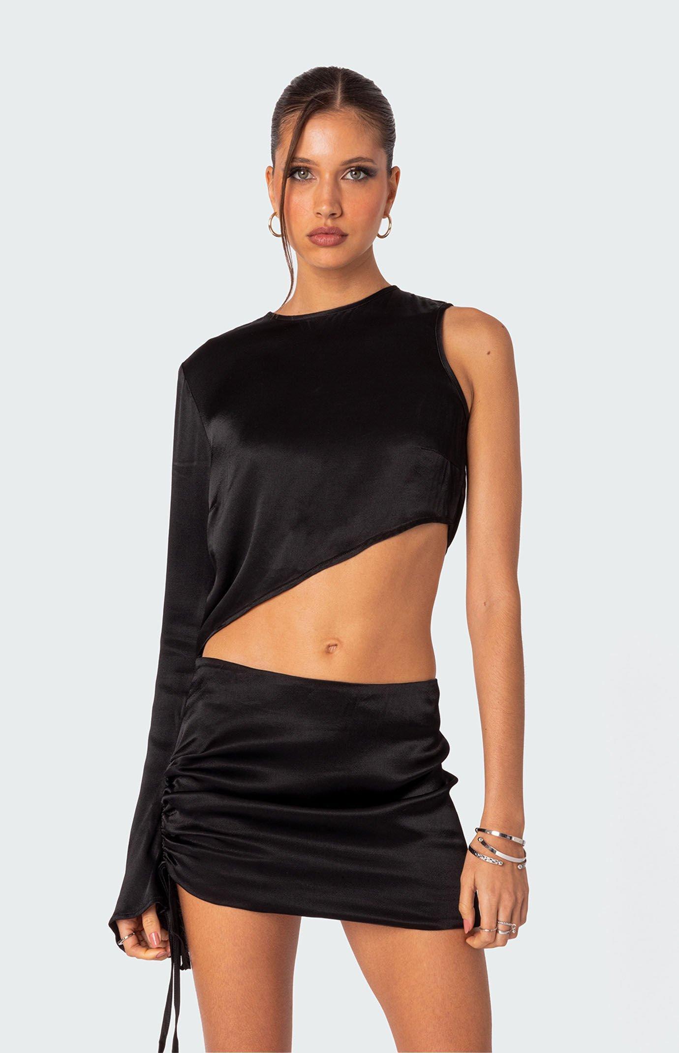 Edikted Womens Solstice Asymmetric Satin Top - Blackmall Product Image