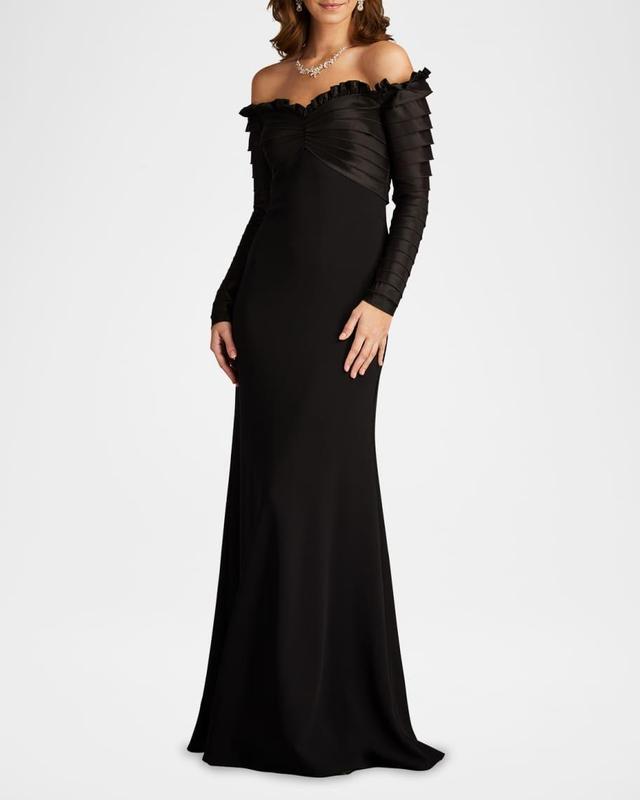 Off-Shoulder Pleated Taffeta and Crepe Gown Product Image