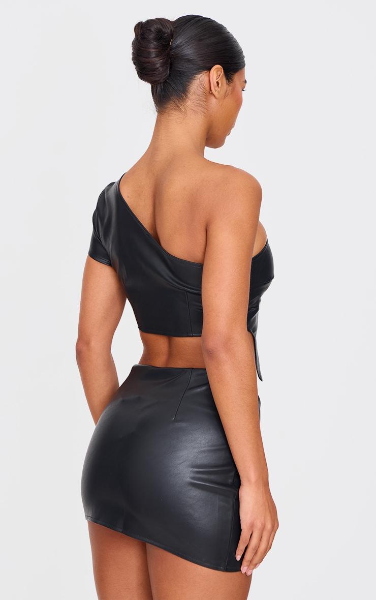 Black Faux Leather One Shoulder Asymmetric Crop Top Product Image