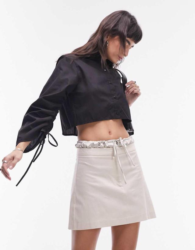 Topshop ruched sleeve poplin crop shirt in black Product Image