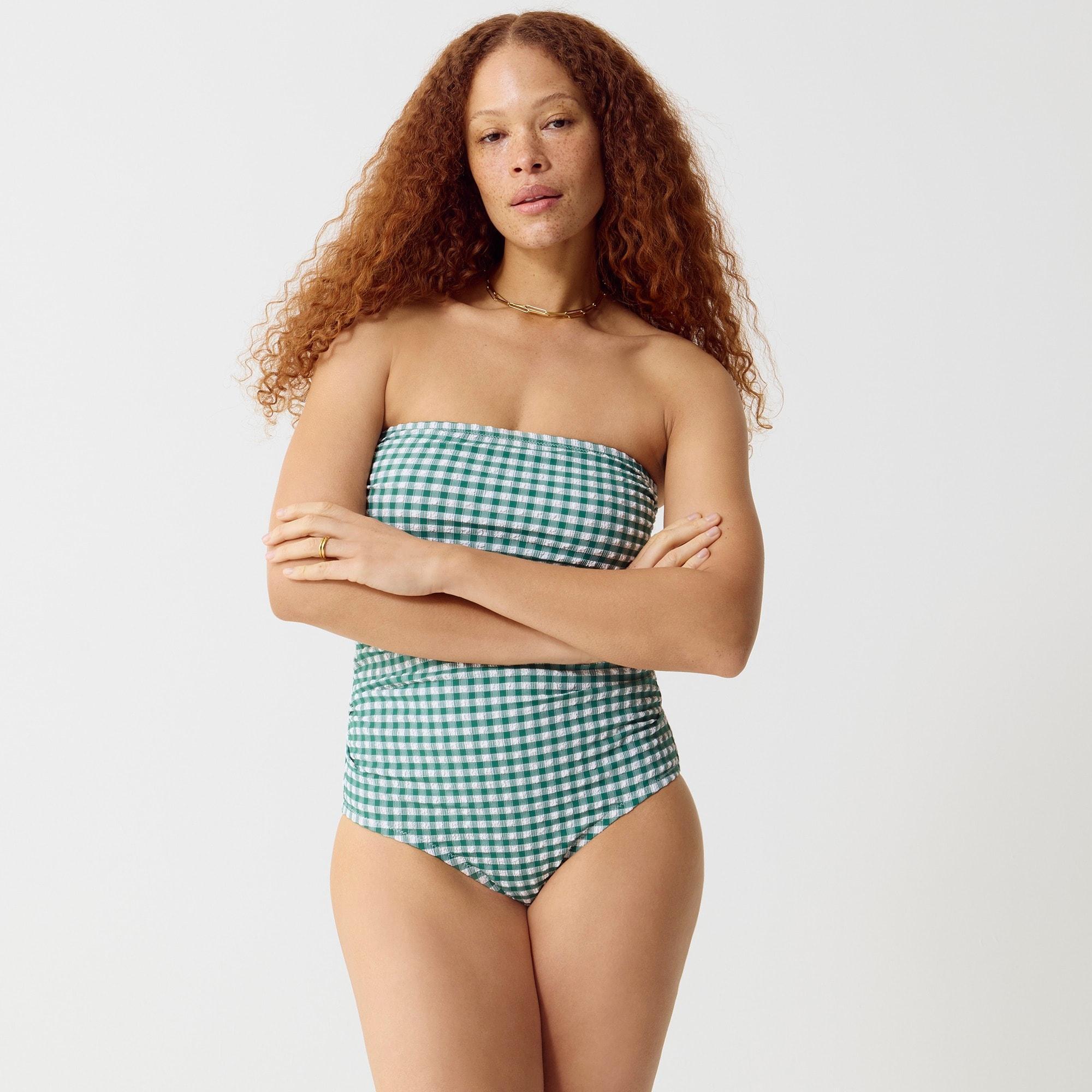 Ruched bandeau one-piece swimsuit in gingham Product Image