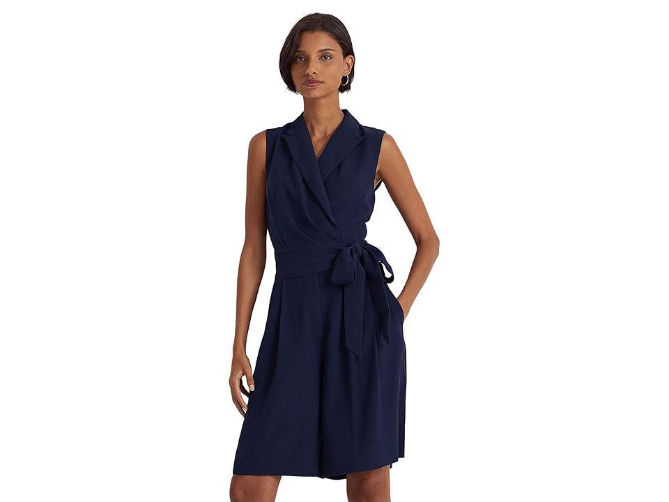 LAUREN Ralph Lauren Belted Georgette Sleeveless Romper (French Navy) Women's Jumpsuit & Rompers One Piece Product Image