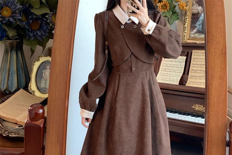 Long-Sleeve Collar Plain Mock Two-Piece Midi A-Line Dress Product Image