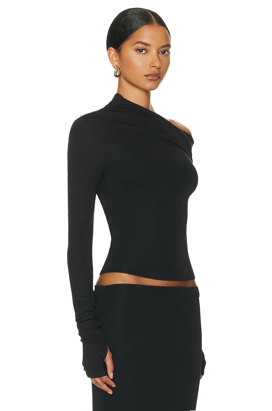 Helsa Matte Jersey Drape Shoulder Top in Black. - size S (also in L, M, XL, XS) Product Image