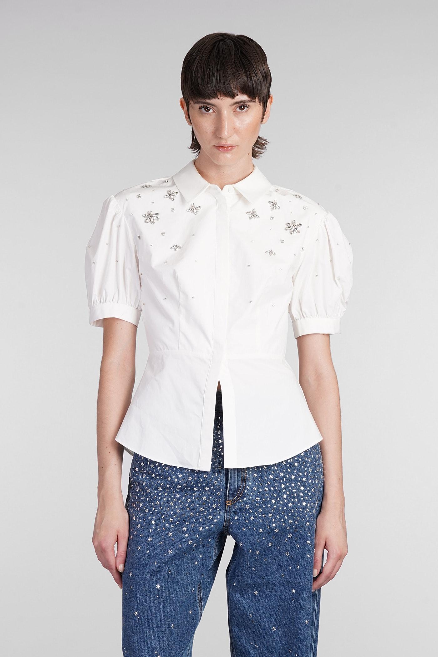 Collared Shirt With Embellished Puff Sleeves In White Product Image