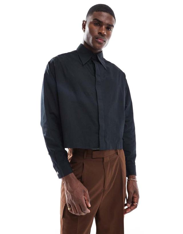 ASOS DESIGN boxy cropped 70s collar poplin shirt in black Product Image