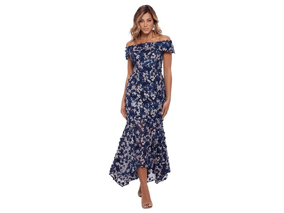 Xscape Raised Flower Off the Shoulder Flounce Midi Gown Product Image