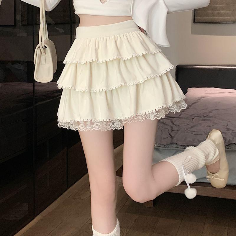 High Rise Plain Tiered Lace Trim Mini A-Line Skirt Product Image