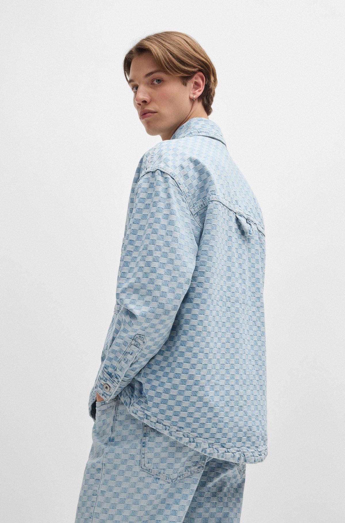 Blue-denim jacket with checkerboard jacquard Product Image