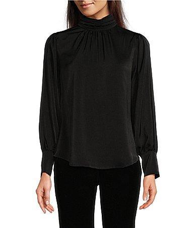 Reba Pleated Mock Neck Long Volume Sleeve Satin Blouse Product Image