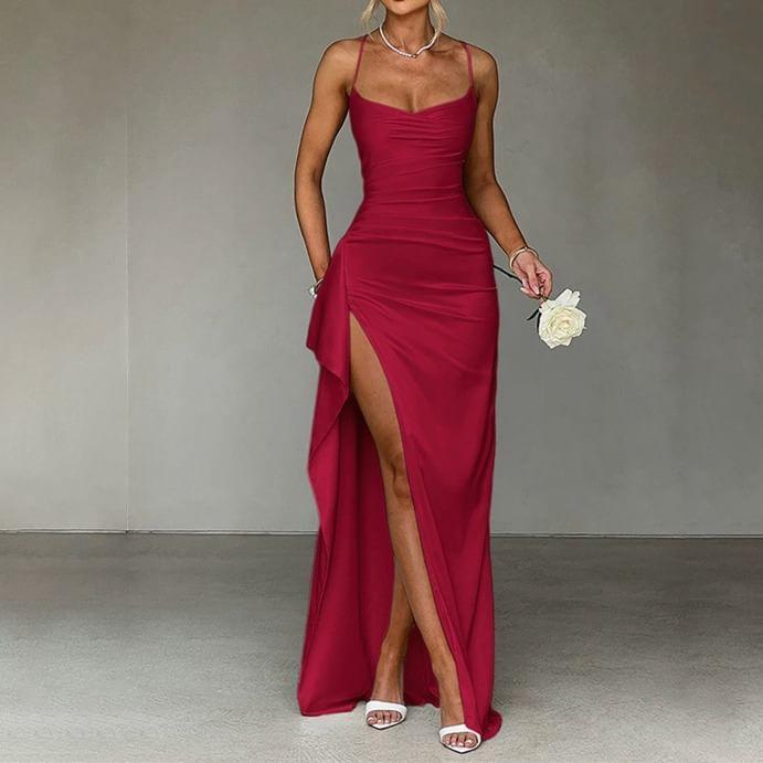 Spaghetti Strap Ruffle High Slit Maxi Dress Product Image