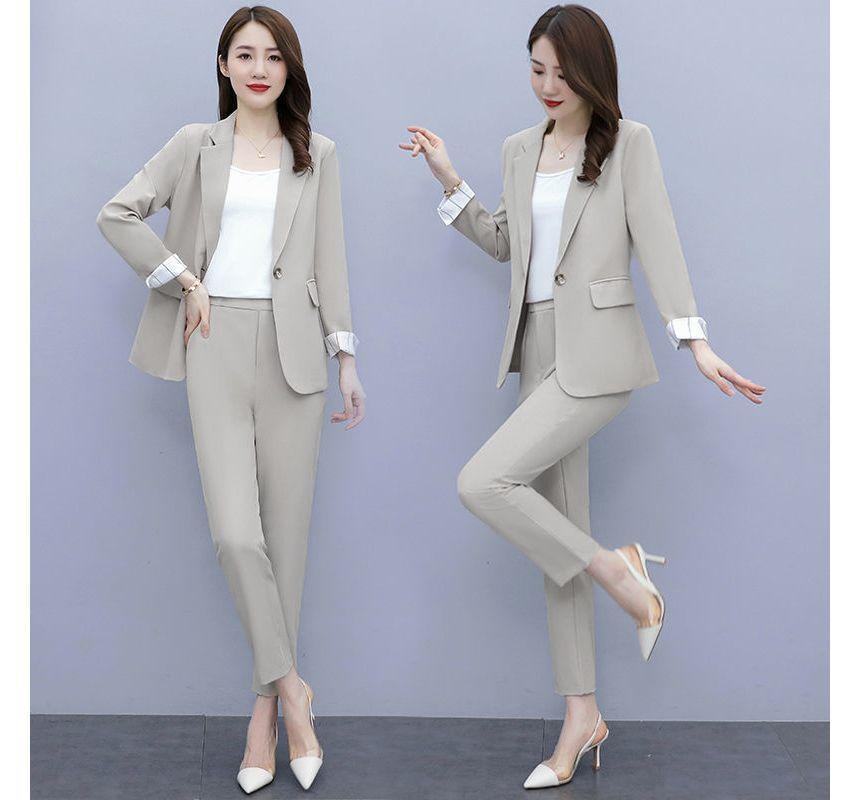 Set Of 3: Plain Single-Button Blazer + Mid Waist Straight Leg Dress Pants + Camisole Top Product Image