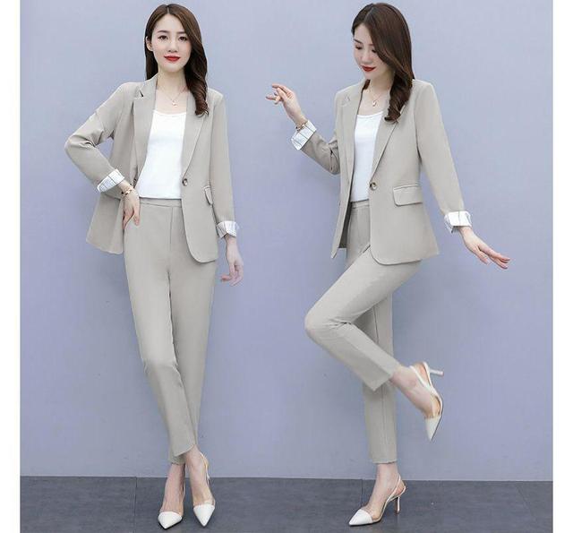 Set Of 3: Plain Single-Button Blazer + Mid Waist Straight Leg Dress Pants + Camisole Top Product Image