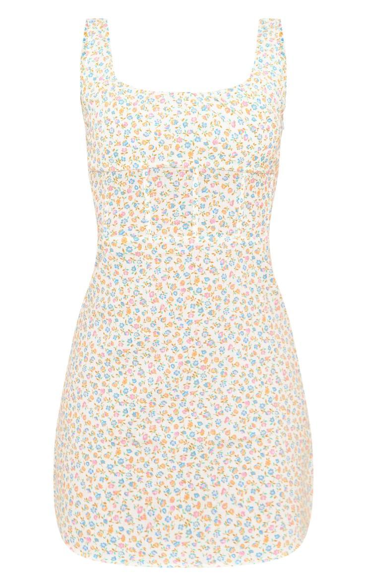 Multi Floral Print Linen Look Corset Detail Bodycon Dress Product Image