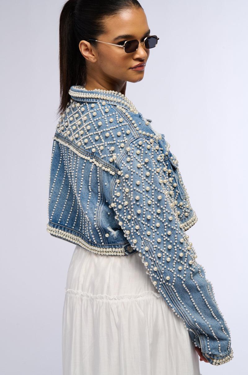 LUCKY YOU CROPPED PEARL DENIM JACKET Product Image