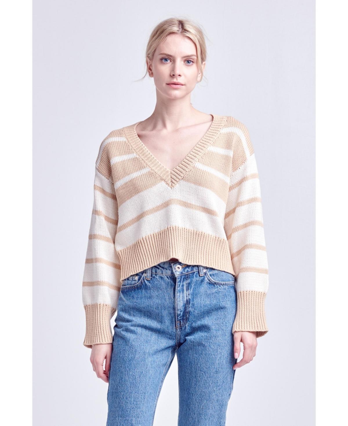 English Factory Stripe V-Neck Cotton Crop Sweater Product Image