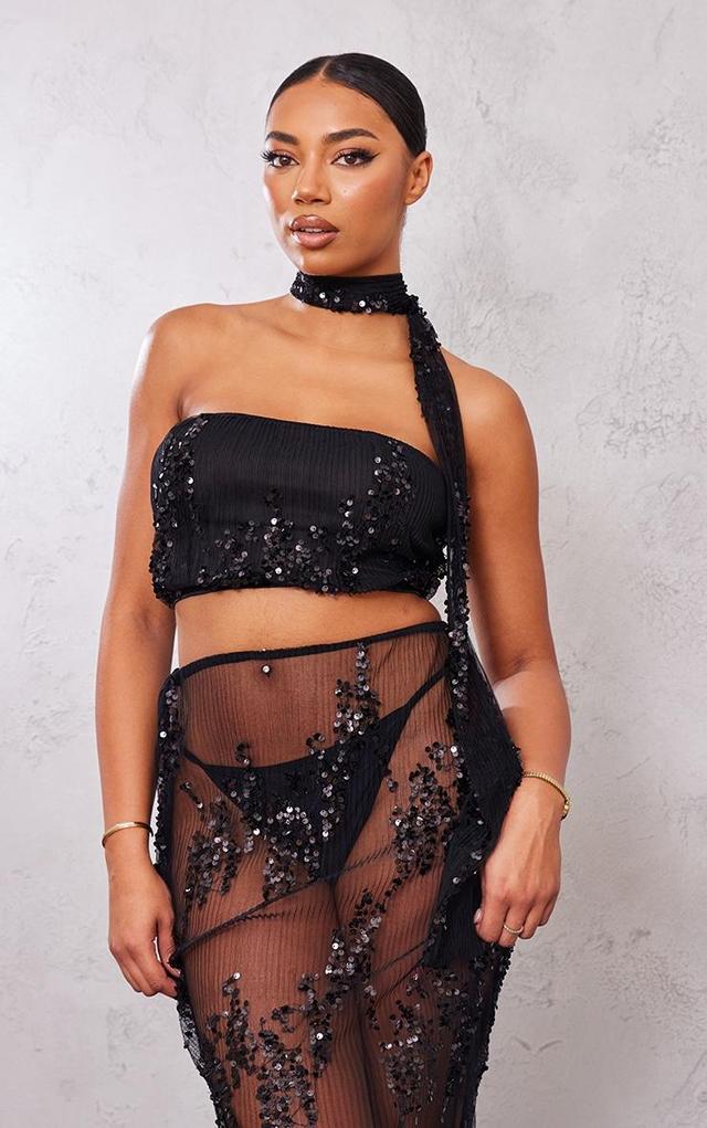 Tall Black Sequin Detail Bandeau Crop Top Product Image