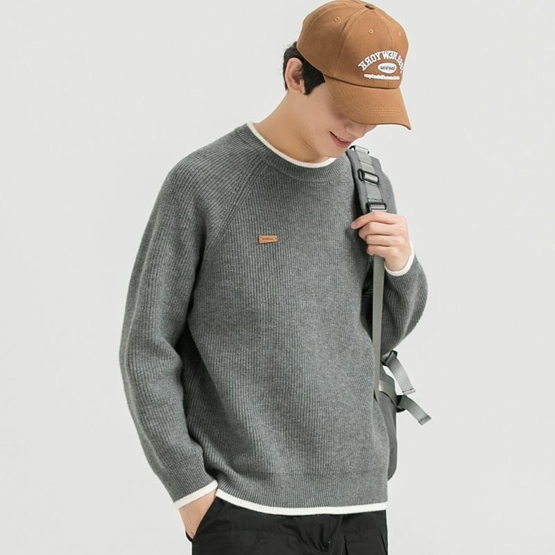 Crew Neck Contrast Trim Ribbed Sweater Product Image