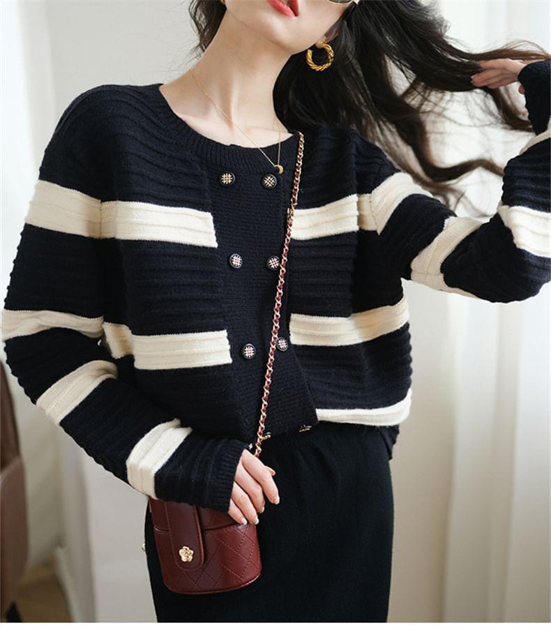 Crew Neck Striped Double-Breasted Crop Cardigan Product Image