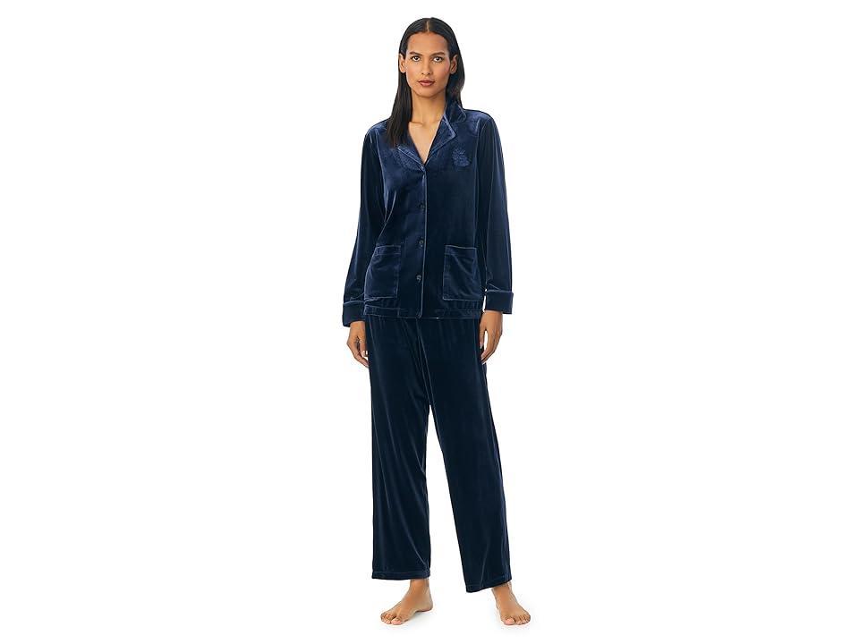 Lauren Ralph Lauren Long Sleeve Velvet Notch Collar Long PJ Set (Mid ) Women's Pajama Sets Product Image