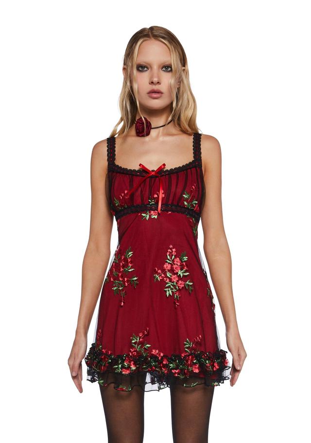 Mesh Overlay Tank Dress With Embroidered Floral Designs Regencycore Sugar Thrillz- Red Product Image