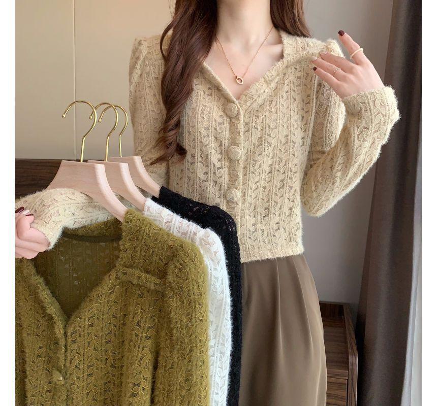 Long-Sleeve V-Neck Plain Lace Cropped Blouse Product Image