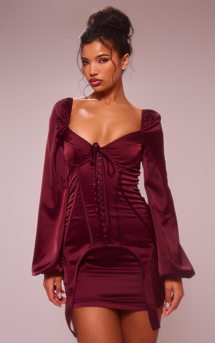 Cherry Red Satin Balloon Sleeve Cup Detail Mini Dress Product Image